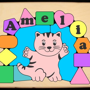 Personalized Name Puzzle Cat Kitten Theme.  Teaching preschool toddler children their shapes, colors and name is educational fun learning!