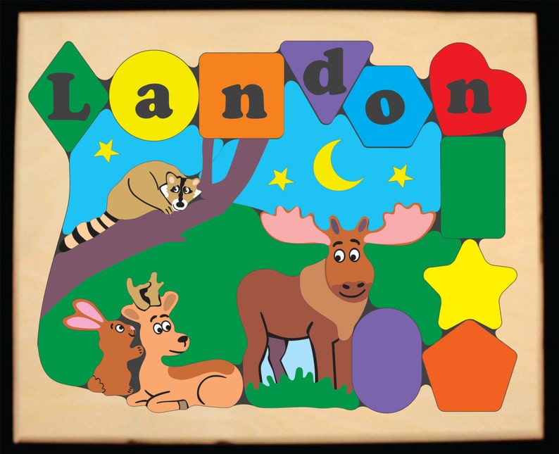 Wildlife Theme Moose Deer Rabbit Raccoon An educational toy for children to learn their name. Personalized Name Puzzle Forest Animals
