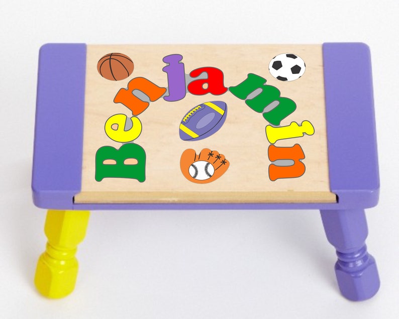 Custom Name Puzzle Sports Theme Puzzle Step Stool...Educational puzzle stool for a preschool toddler children to learn their name & colors. Lavender