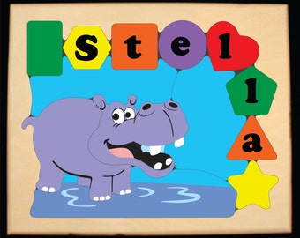 Quebra-cabeça personalizado com nome, tema hipopótamo, animal da selva. Brinquedo educativo que ensina formas, cores e nomes para crianças em idade pré-escolar.