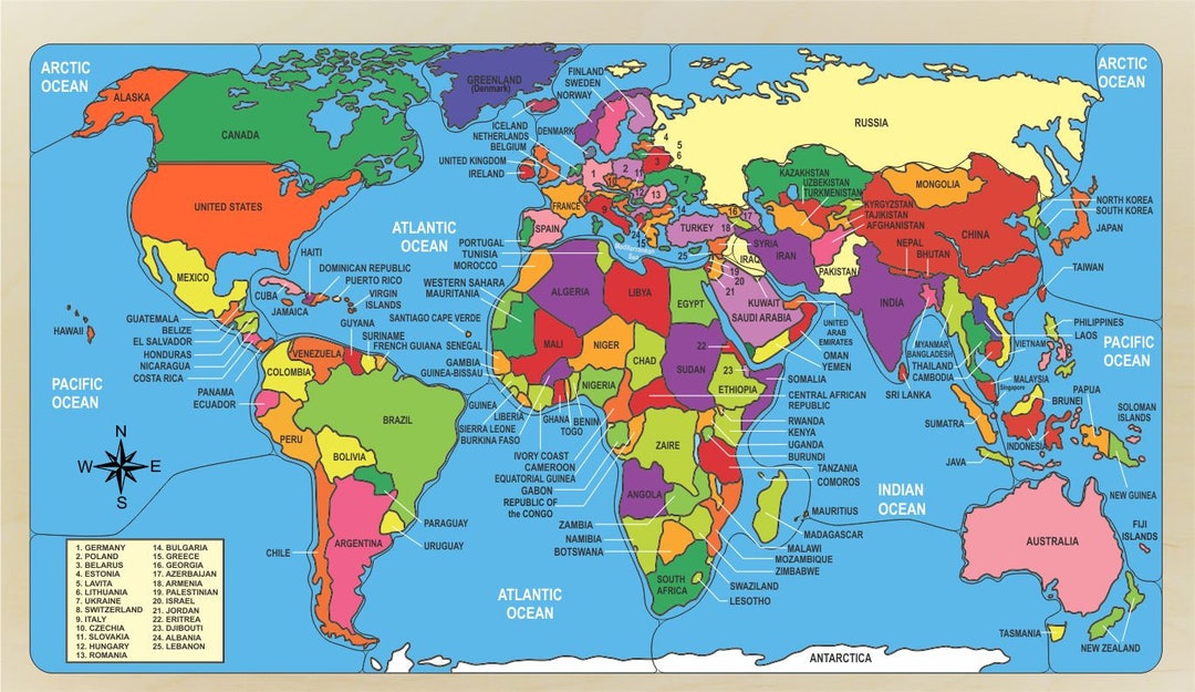 World Map Puzzle Naming the Countries and Their Geographical Location. an  Educational Puzzle for Teaching the Geography of the World. 