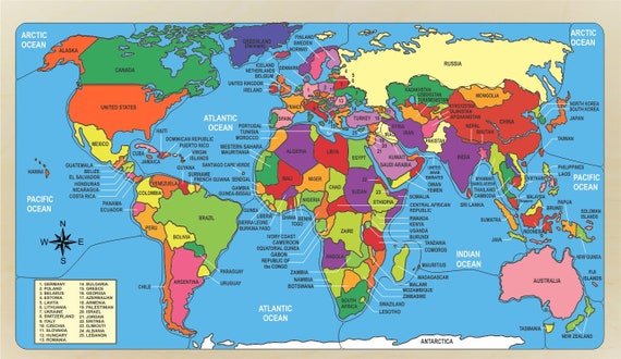 Rompecabezas del mapa del mundo que nombra los países y su - España