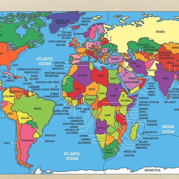 World Map Puzzle Naming the Countries and their Geographical Location.   An educational puzzle for teaching the geography of the world.