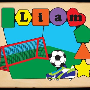 Personalized Name Puzzle Soccer Sport Theme.  Educational toy puzzle for preschool toddler children to learn shapes, colors and their name.