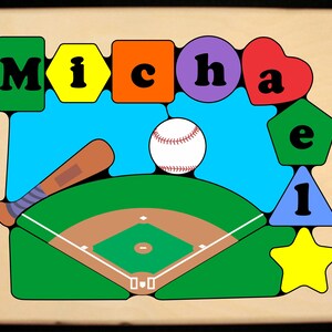 Personalized Name Puzzle Baseball Sport Theme.  Teaching their name with this puzzle is educational fun for your preschool toddler children.