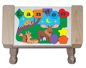 Personalized Name Puzzle Stool: Wildlife Forest Animals, Educational Toy for Children