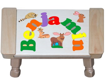 Custom Name Puzzle Stool – Forest Animals Theme, Educational Learning Toy