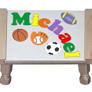 Custom Name Puzzle Sports Theme Puzzle Step Stool...Educational puzzle stool for a preschool toddler children to learn their name & colors. Maple w/clear finish