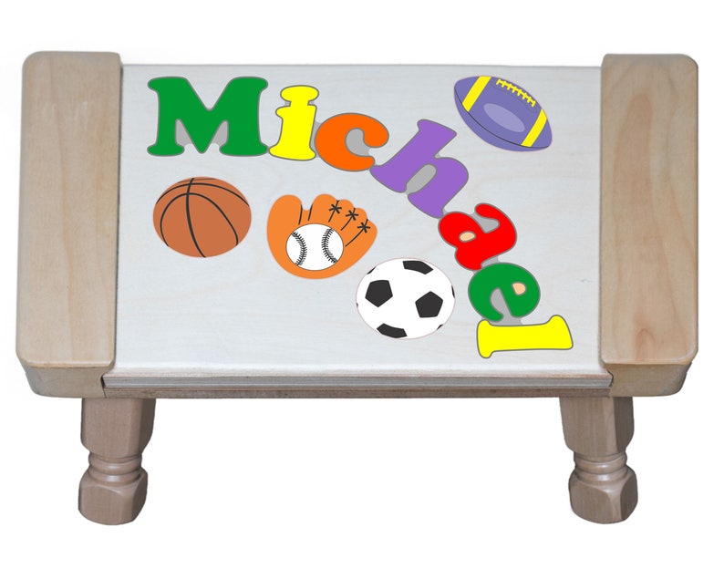 Custom Name Puzzle Sports Theme Puzzle Step Stool...Educational puzzle stool for a preschool toddler children to learn their name & colors. Maple w/clear finish