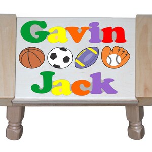 Custom 2 Name Puzzle Stool Sports Theme - An educational personalized puzzle for preschool toddler children to learn their 2 names & colors.