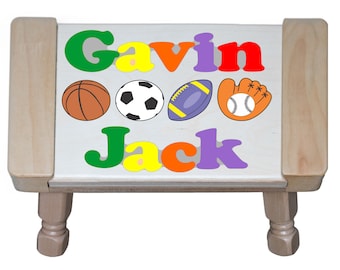 Custom 2 Name Puzzle Stool Sports Theme - An educational personalized puzzle for preschool toddler children to learn their 2 names & colors.