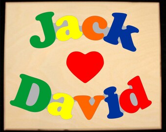 Custom Two-Name Puzzle with Heart, Wooden Toddler Toy