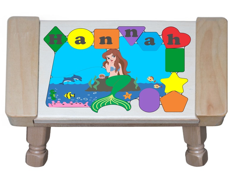 Personalized Name Puzzle Stool Mermaid Fish Theme Primary. Educational toy teaching your preschool toddler children shapes colors & name Natural Maple