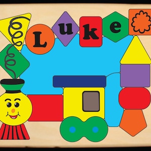 Personalized Name Puzzle Wooden Train Theme.   All aboard for your preschool, toddler, children to learn their name shapes & colors.