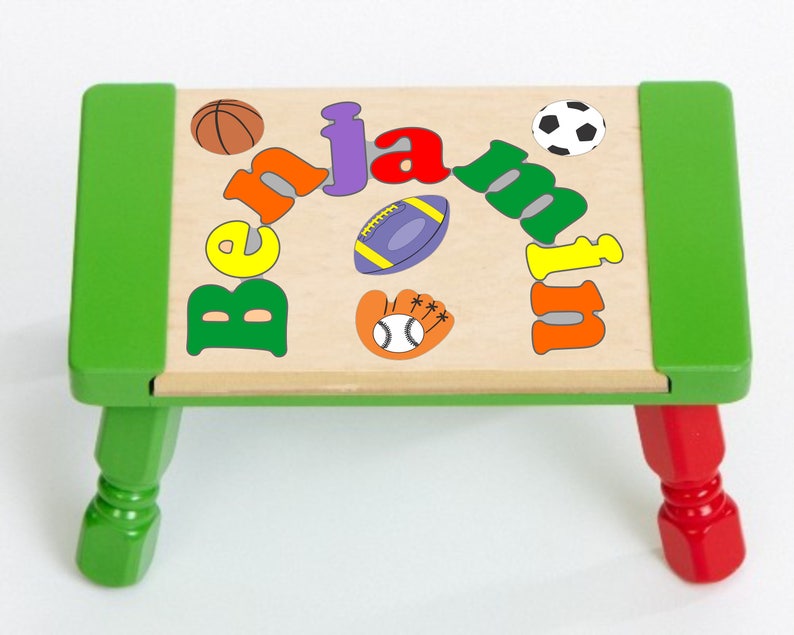 Custom Name Puzzle Sports Theme Puzzle Step Stool...Educational puzzle stool for a preschool toddler children to learn their name & colors. Green