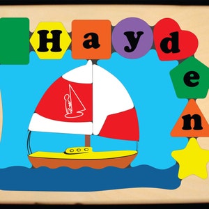 Personalized Name Puzzle Sailboat Nautical Theme...Ahoy mate...your preschool toddler children will learn their name, shapes and colors.