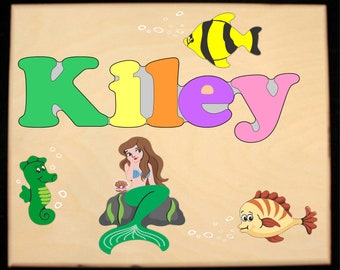 Custom Name Puzzle Mermaid Theme - Pastel or Primary. Educational toy puzzle for preschool toddler children to learn their name and colors.