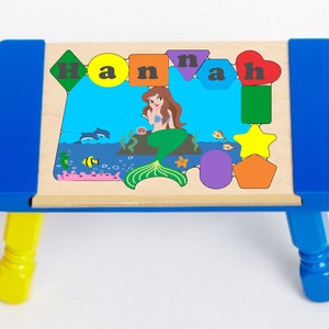 Personalized Name Puzzle Stool Mermaid Fish Theme Primary. Educational toy teaching your preschool toddler children shapes colors & name image 3