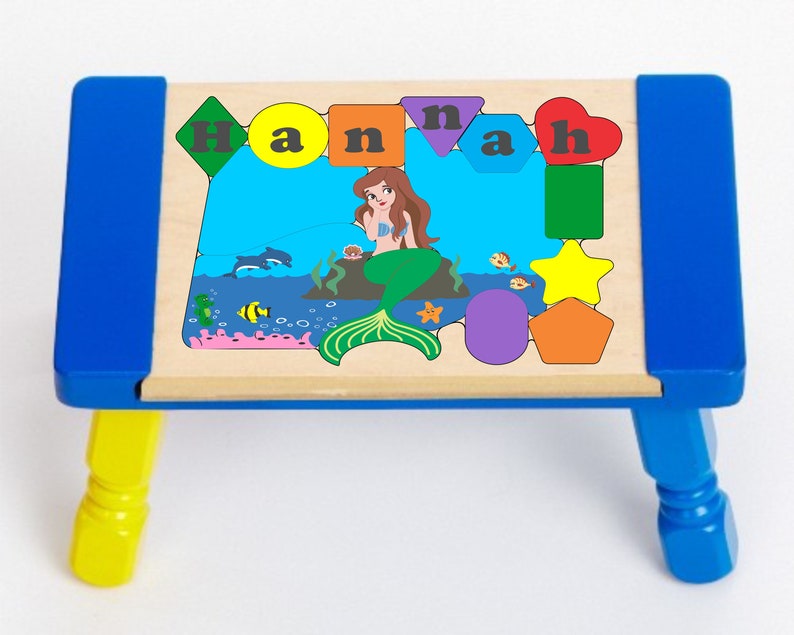Personalized Name Puzzle Stool Mermaid Fish Theme Primary. Educational toy teaching your preschool toddler children shapes colors & name image 3