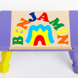 Custom Name Primary Rainbow Puzzle Stool Personalized educational toy puzzle for preschool toddler children learning their name & colors. Lavender