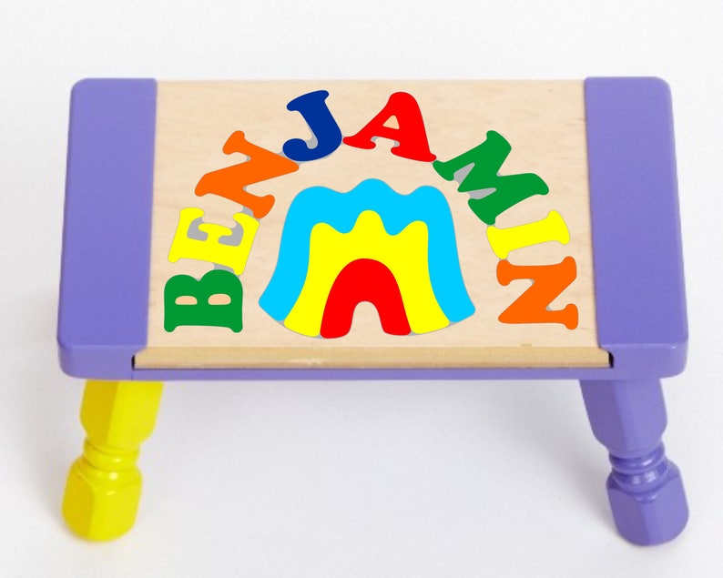 Custom Name Primary Rainbow Puzzle Stool Personalized educational toy puzzle for preschool toddler children learning their name & colors. Lavender