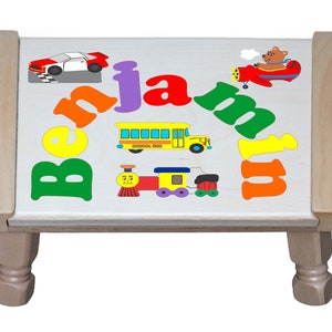 Custom Name Puzzle Stool Plane Train Automobile Car Theme - An educational toy for preschool toddler children learning their name & colors.