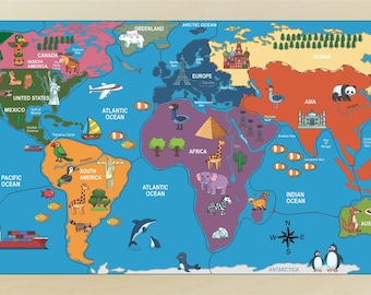 World Map Puzzle Naming the Continents, Oceans with Naming Countries underneath the puzzle pieces.  A Map Puzzle to Learn World Geography!