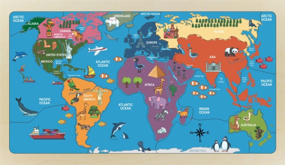 World Map Puzzle Naming The Continents Oceans Larger Etsy