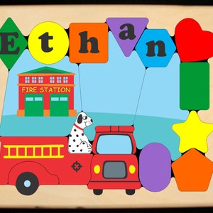 Personalized Name Puzzle Fire Truck Theme.  Educational toy puzzle for preschool toddler children with learning their name shapes colors.