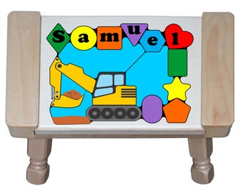 Personalized Excavator Name Puzzle Stool, Wooden Educational Toy, Toddler Learning Shapes Colors