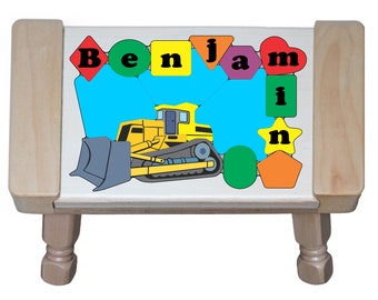 Personalized Bulldozer Name Puzzle Stool – Educational Wooden Toy for Toddlers