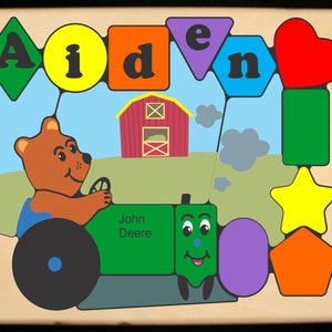 Personalized Name Puzzle John Deere, International Bear Tractor - Learn shapes, colors, name is educational for preschool toddler children!