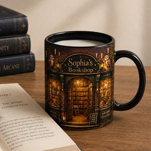 May include: A black ceramic mug featuring a detailed illustration of a bookstore storefront labeled Sophia's Bookshop, with owls, lit candles, and shelves of books. The mug has a black handle and interior, set against a backdrop of stacked books.