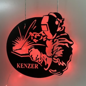 Custom Ironworker Welding Metal Wall Art with LED Lights, Personalized Welder Metal Name Signs, Welding Workshop Metal Wall Led Sign Decor