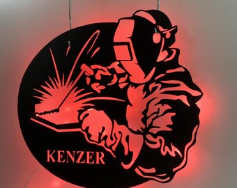Custom Ironworker Welding Metal Wall Art with LED Lights, Personalized Welder Metal Name Signs, Welding Workshop Metal Wall Led Sign Decor
