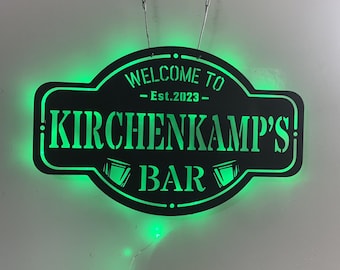 Decorazione murale in metallo per bar personalizzata con luce LED, insegna in metallo per bar personalizzata con nome, insegna da parete in metallo per bar con data di fondazione, decorazione da parete per bar e pub