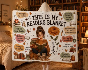 Personalized Birth Flower Book Lover Wearable Blanket Hoodie, This Is My Reading Blanket, Custom Book Quote Gift for Bookworms & Readers