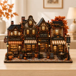 Könnte beinhalten: Eine detaillierte herbstliche Dorfminiatur mit vier verbundenen Ladenfronten: Autumn Bakery, Maple & Co., Book Nook und Harvest Café. Das Modell verfügt über eine warme Innenbeleuchtung, orangefarbenes Laub, Kürbisse, Straßenlaternen und diverse Beschilderungen.