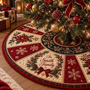 May include: A circular quilted Christmas tree skirt featuring alternating panels of cream and deep red fabric. The design includes embroidered poinsettias, snowflakes, holly berries, and a central wreath with the text The Smith Family.