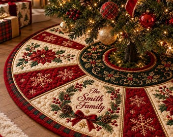 May include: A circular quilted Christmas tree skirt featuring alternating panels of cream and deep red fabric. The design includes embroidered poinsettias, snowflakes, holly berries, and a central wreath with the text The Smith Family.