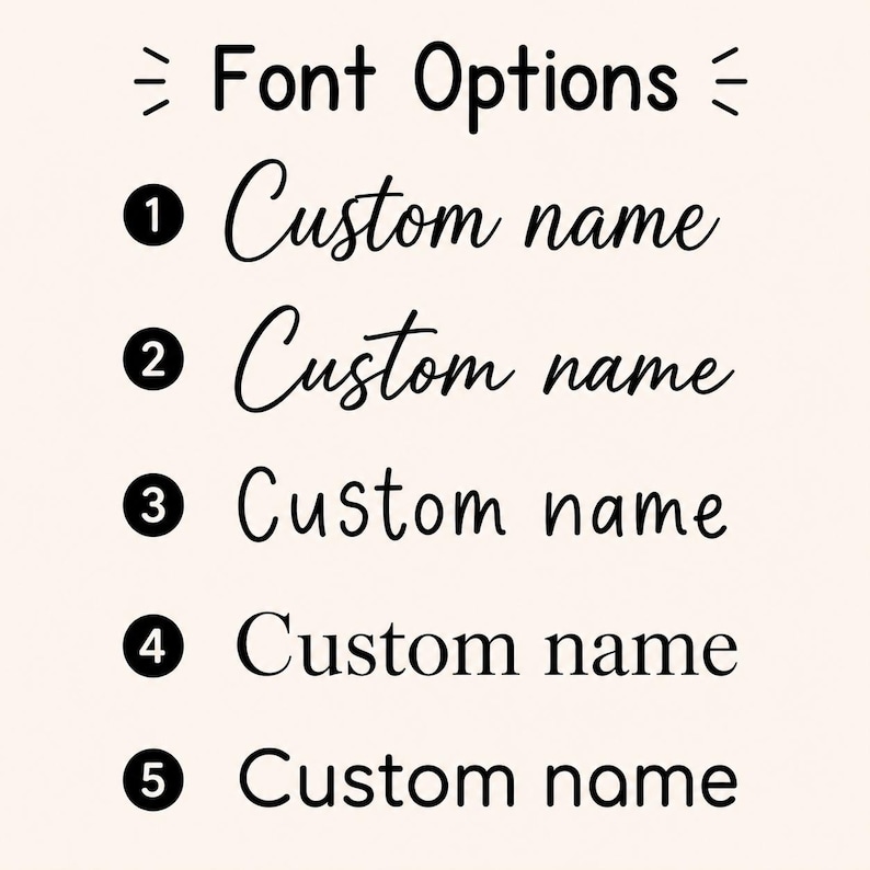 May include: A chart titled Font Options displaying five numbered choices for custom text. Each option shows the phrase Custom name in a different typeface, ranging from cursive scripts to clean, rounded, and classic serif lettering styles.