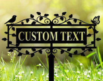 Letrero de jardín personalizado con estaca, letrero de metal con forma de pájaro, estaca de jardín personalizada, decoración de jardín, letrero con nombre de jardinero, regalo para mamá, regalo para abuela