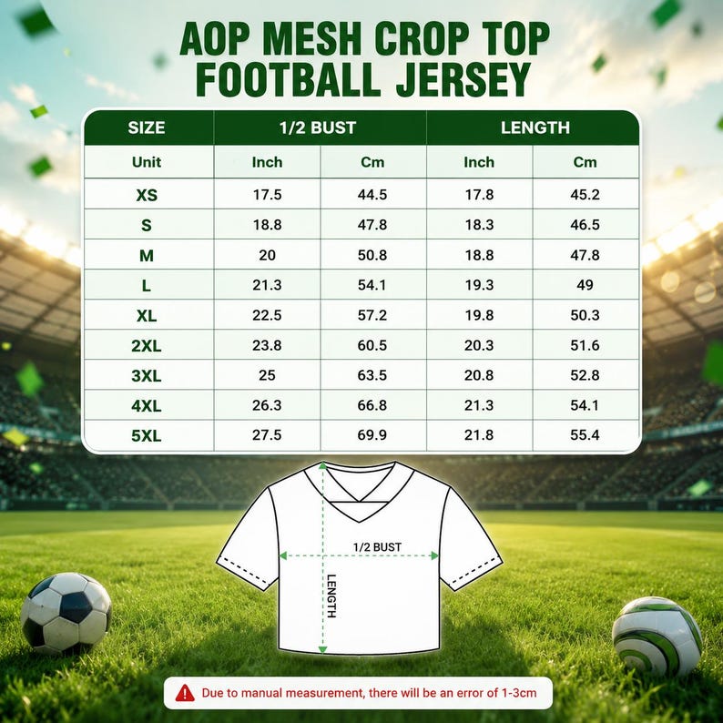 May include: A size chart for an AOP mesh crop top football jersey, featuring a table with measurements in inches and centimeters for sizes XS to 5XL. The chart includes columns for 1/2 bust and length, with a diagram of a white jersey outline.