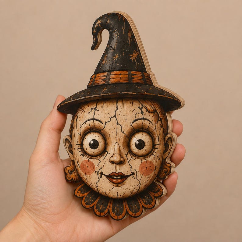 May include: A flat, layered wooden cutout shaped like a doll head wearing a pointed witch hat. The face has a cracked texture, large round eyes, rosy cheeks, and a ruffled collar. The color palette includes black, tan, and orange accents.