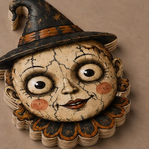 May include: A layered wooden wall hanging featuring a stylized face with a cracked texture, large eyes, and rosy cheeks. The figure wears a black pointed hat with orange accents and a scalloped collar. The piece shows visible wood grain layers.