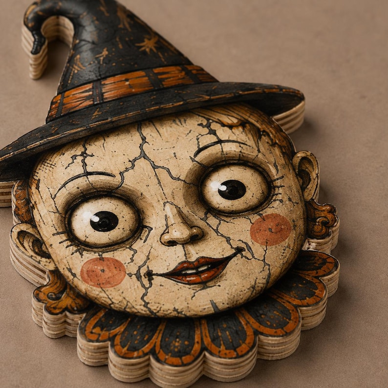 May include: A layered wooden wall hanging featuring a stylized face with a cracked texture, large eyes, and rosy cheeks. The figure wears a black pointed hat with orange accents and a scalloped collar. The piece shows visible wood grain layers.