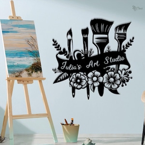 Letrero metálico personalizado para estudio de arte, arte mural metálico para pintar, letrero con nombre de artista, regalo para profesor de arte, letrero metálico con herramientas de artista, regalo decorativo para amantes del dibujo.