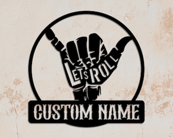 Let's Roll Custom Metal Sign, Personalized Wall Art with Rock, Custom Name Rock Hand Sign, Gift for dad, Hand gesture sign, Home Decoration
