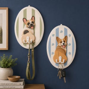 Gepersonaliseerde houten haak voor hondenriem, haak met naam van hond of kat, muurhaak in de vorm van een hondenkont, hanger voor hondenriem en halsband, wandorganizer