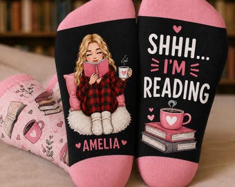 Personalized Book Lover Socks, Shhh I’m Reading Socks, Custom Name Reading Socks, Bookworm Gift for Women, Bookish Socks for Her